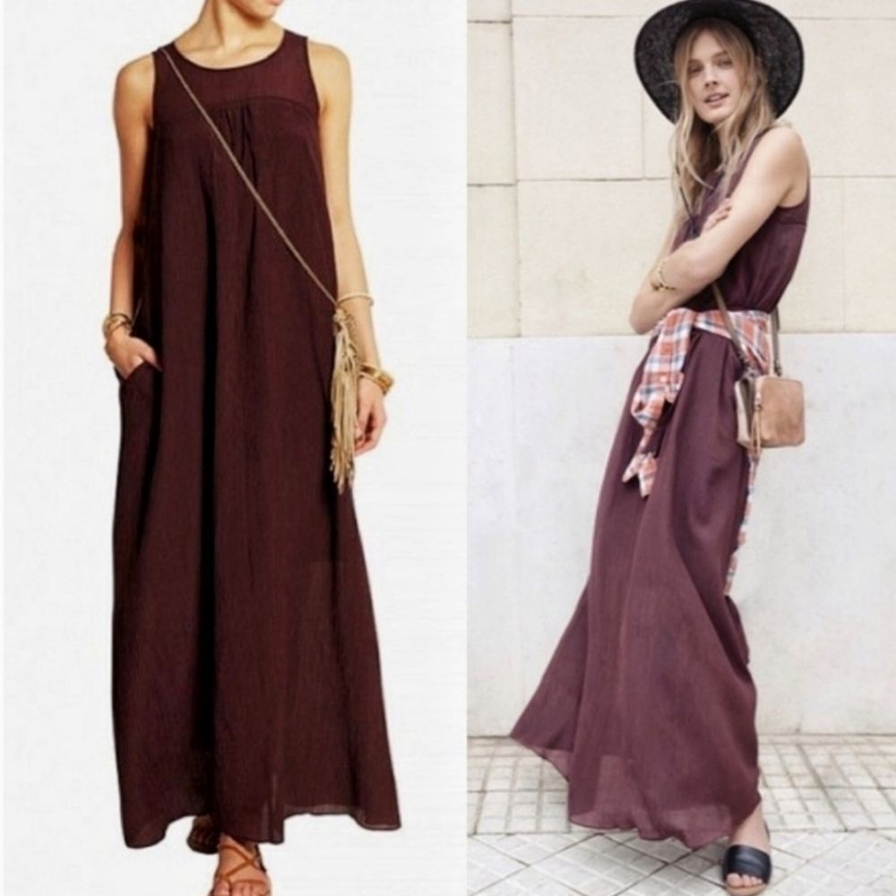 Madewell Dark Fig Flowy Sleeveless Maxi Dress, Size Medium